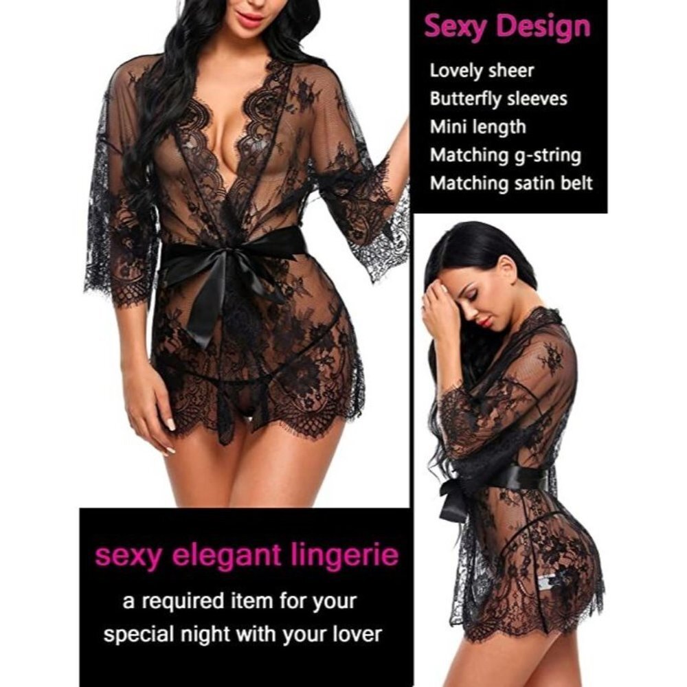 NWT Black Lace Kimono Robe Babydoll Lingerie Mesh Nightgown - Picture 5 of 5